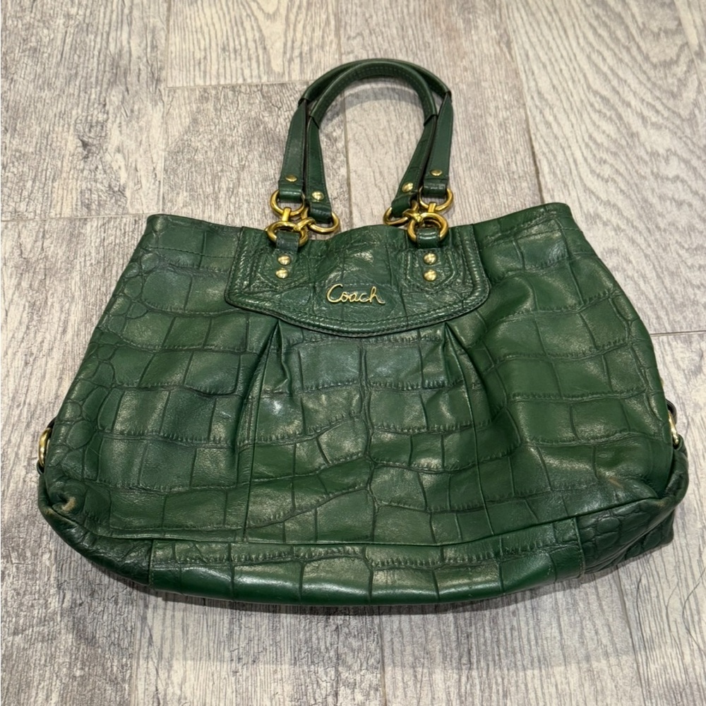 Coach Ashley green croc embossed leather satchel handbag - Picture 1 of 9